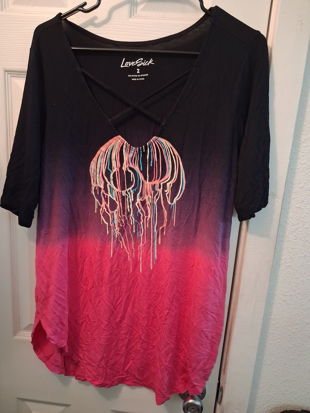 Lovesick By Torrid Pink to Black Ombre Crisscross V-Neck Tunic with Drip Skull
